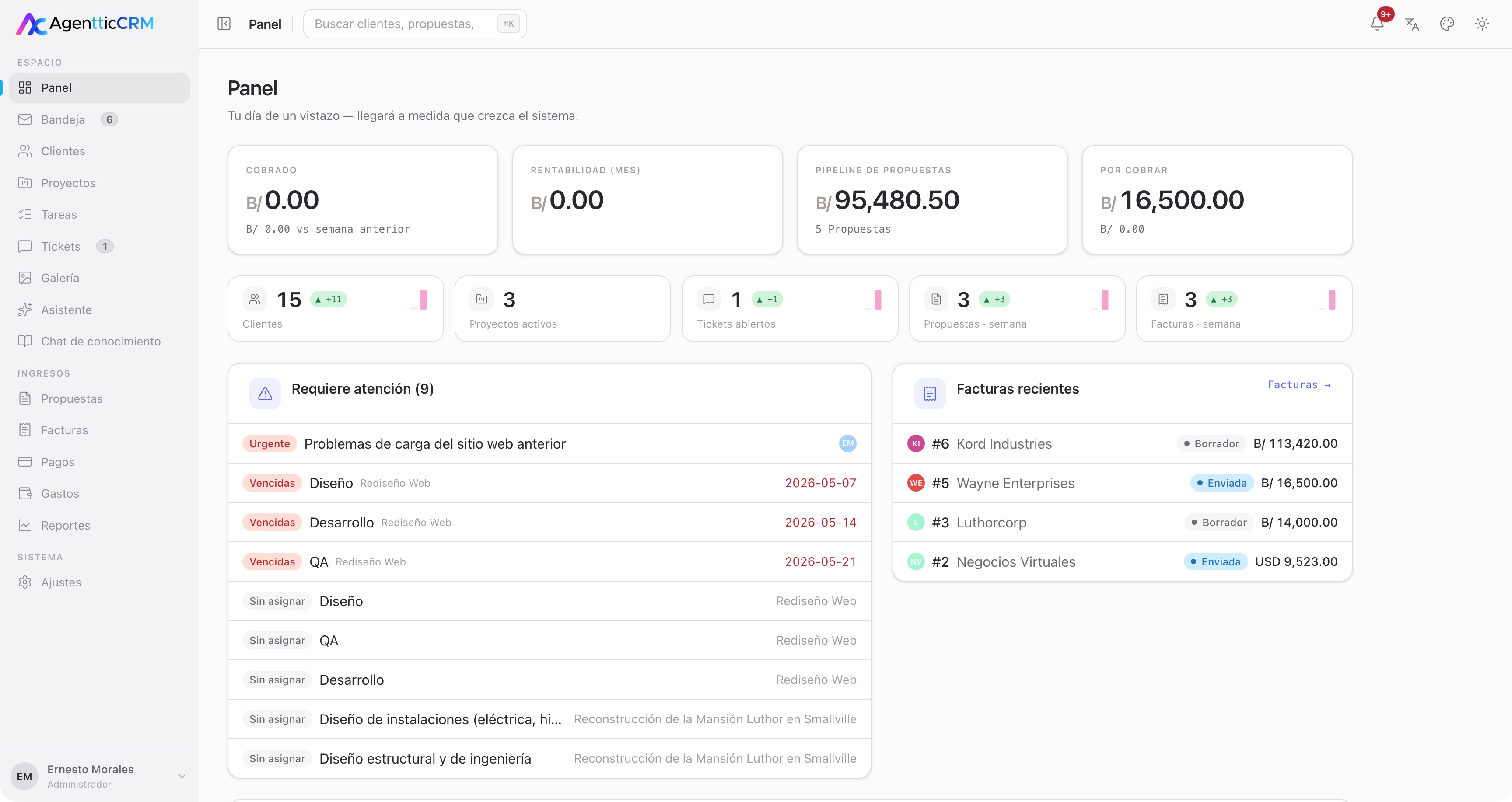 Panel de AgentticCRM con el trabajo del día