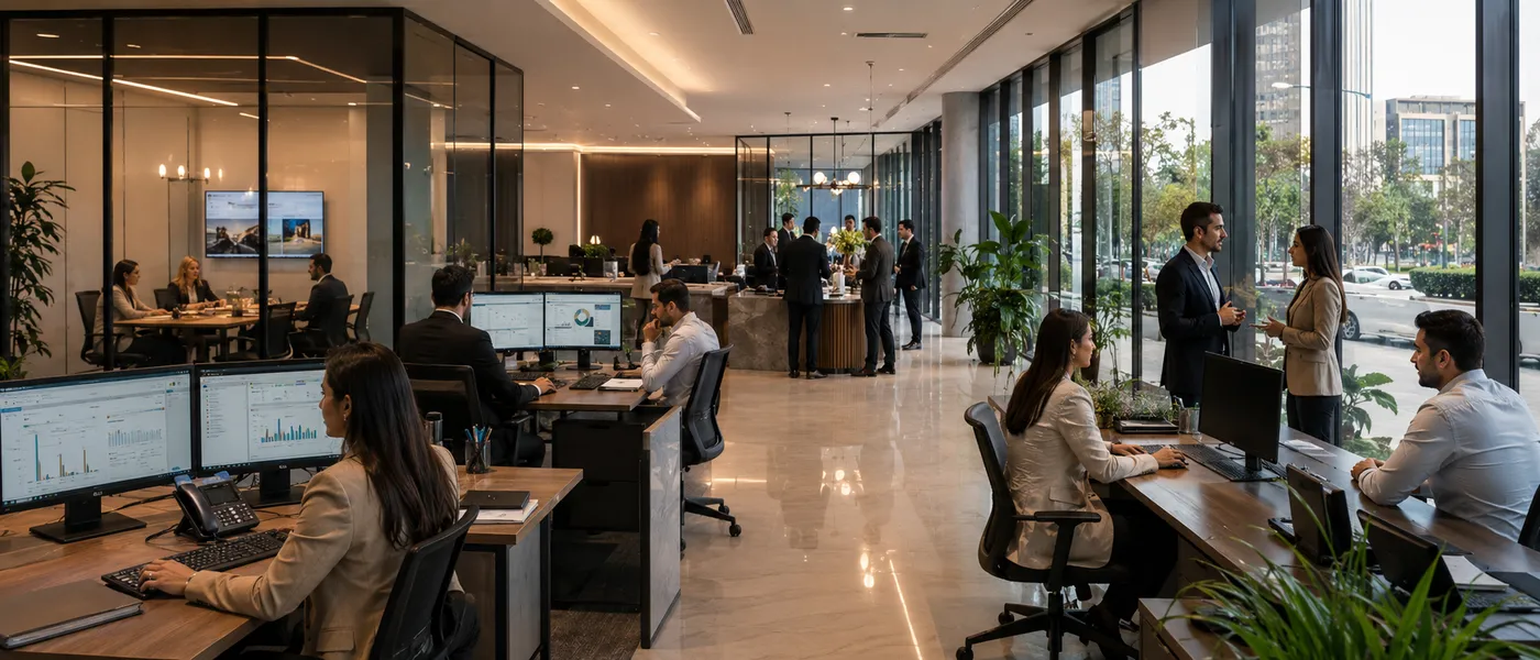 Equipo de servicios administrativos coordinando trabajo de cliente