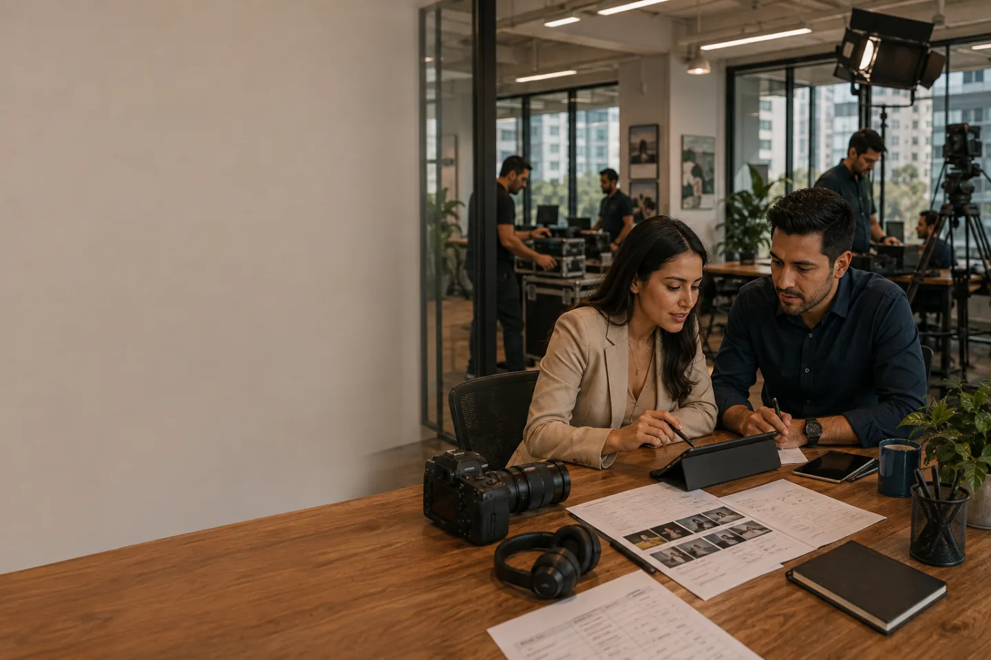 Equipo de producción audiovisual planificando entregables de cliente