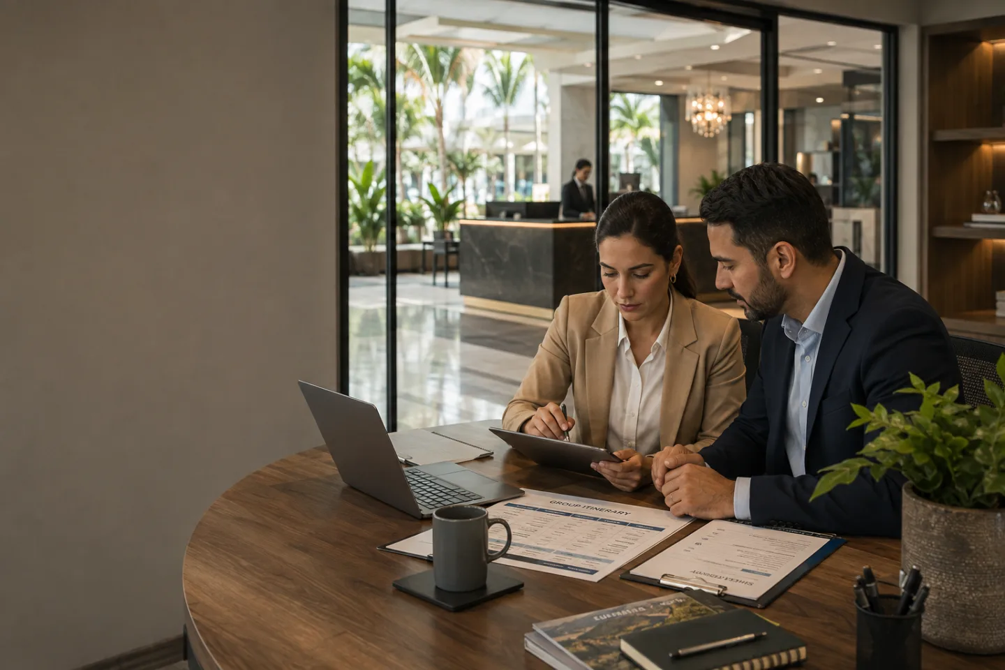 Gerente de viajes corporativos organizando una cuenta de cliente