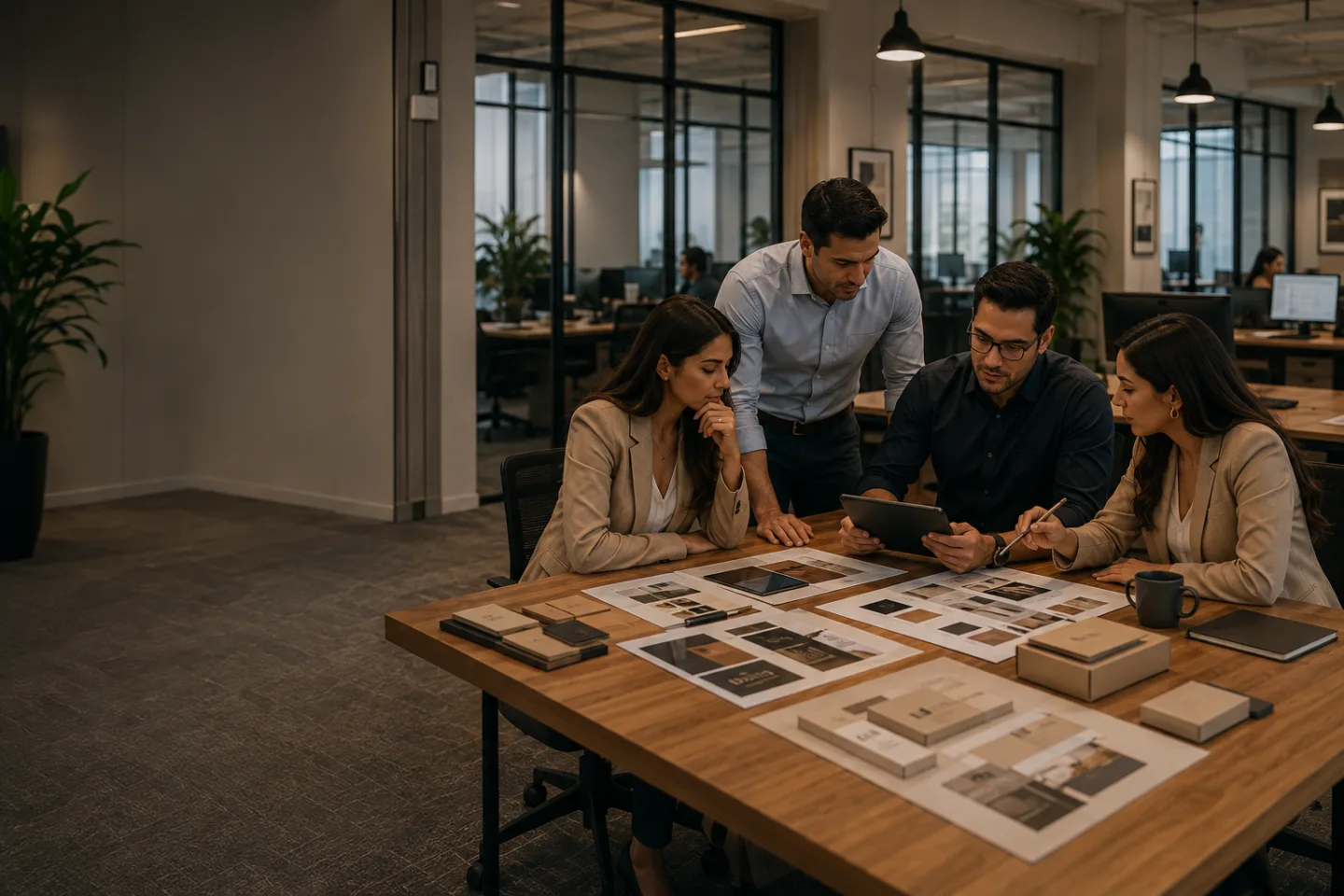 Colegas de agencia creativa conversando sobre un proyecto de marca