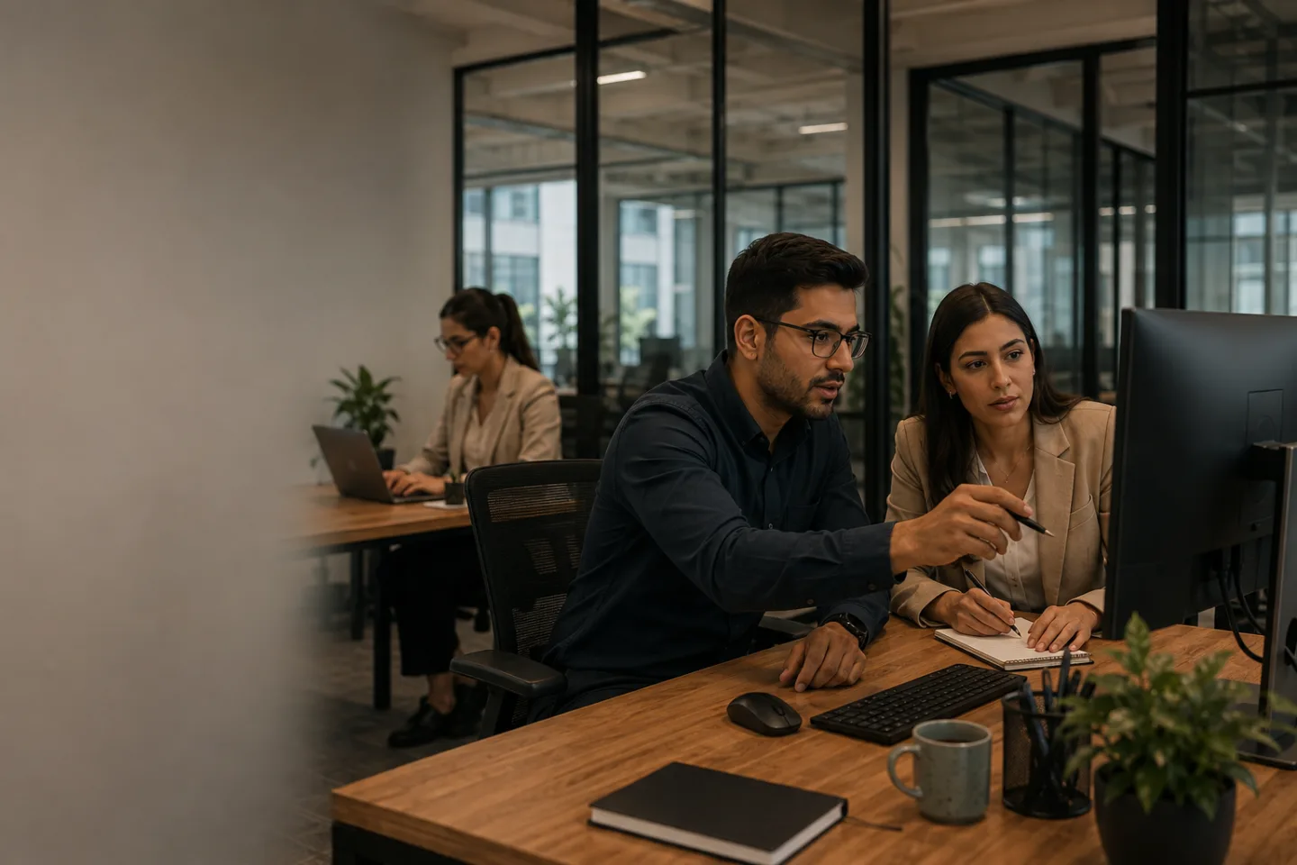 Equipo de agencia revisando trabajo de campañas de clientes