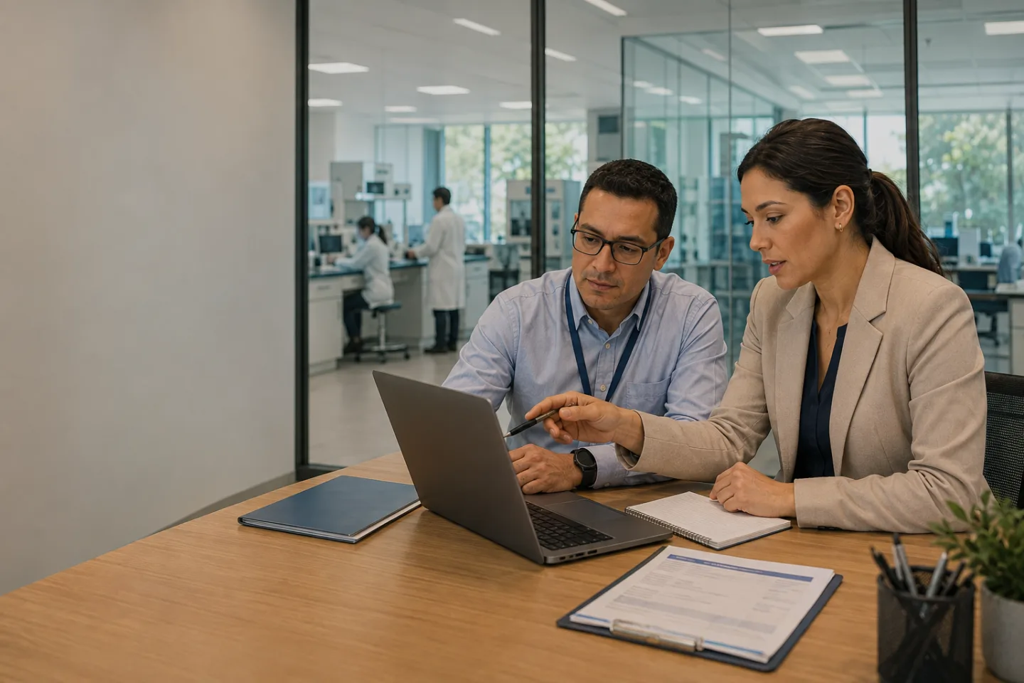 Coordinadora de laboratorio revisando servicios corporativos