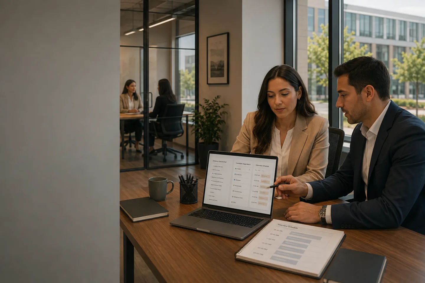 Equipo de reclutamiento coordinando una búsqueda para un empleador