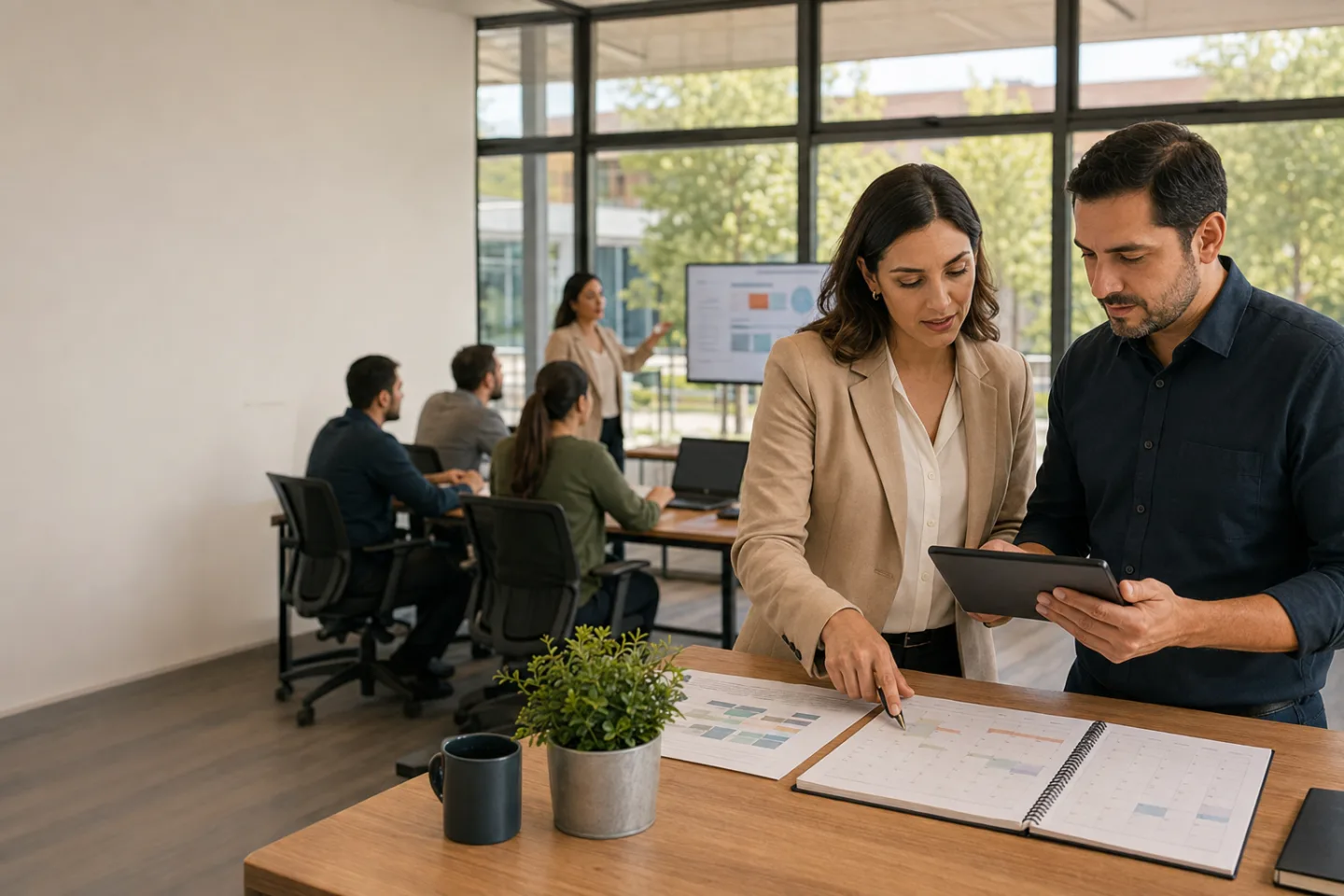 Coordinadora de capacitación revisando un programa corporativo