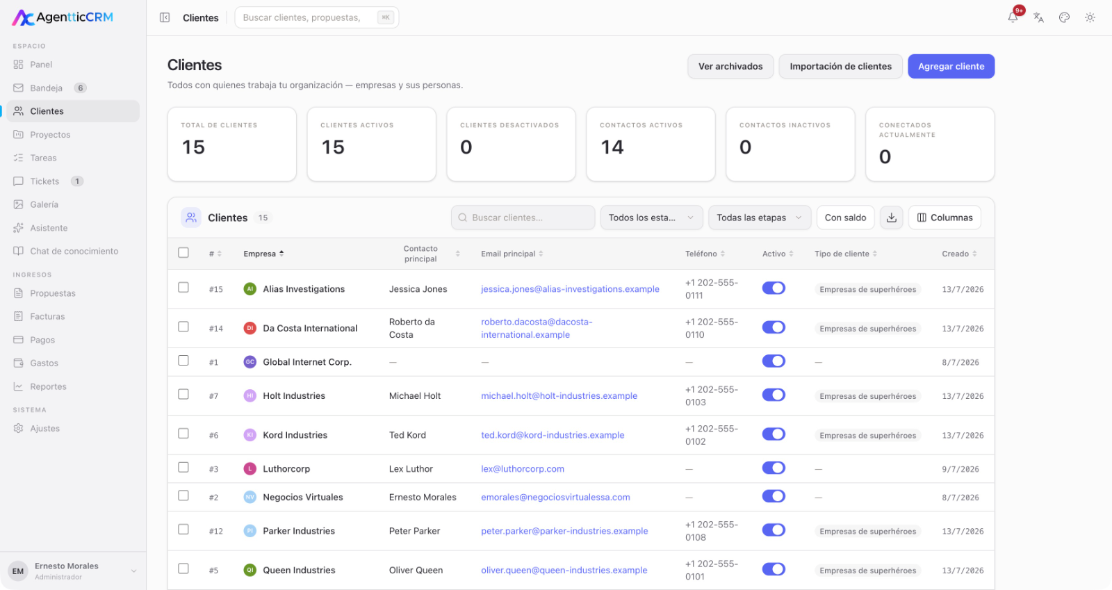 Vista de clientes en AgentticCRM