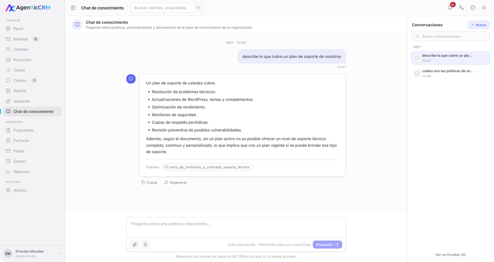 Chat de conocimiento de AgentticCRM con respuestas citadas
