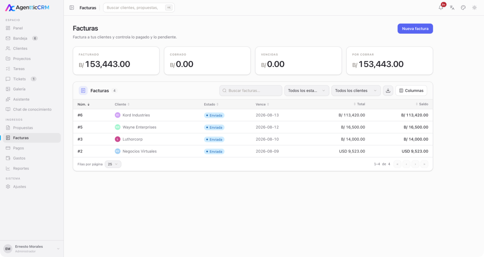 Vista de facturas en AgentticCRM