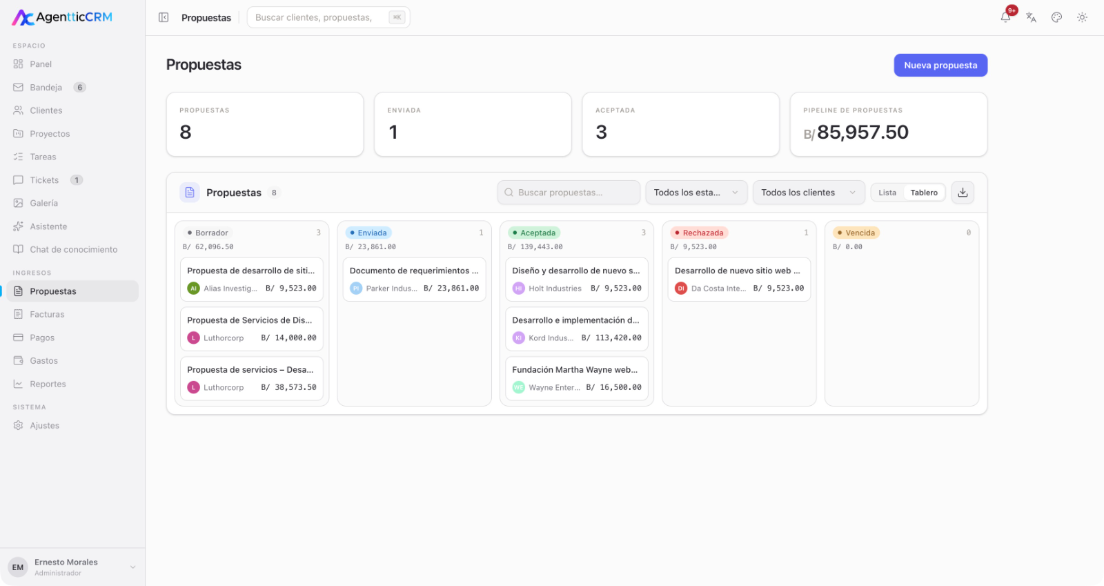 Pipeline de propuestas en AgentticCRM