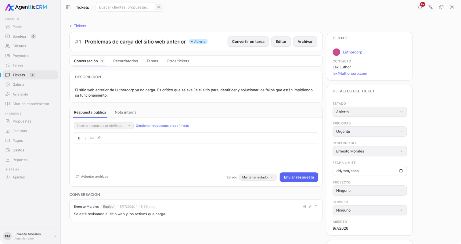 Detalle de ticket en AgentticCRM
