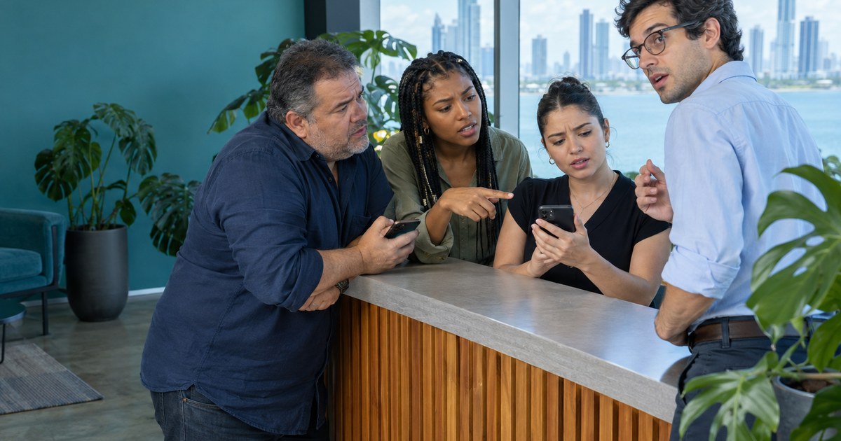 At a Panama City agency reception desk, four colleagues crowd around the one shared office phone, unsure who already answered a client.
