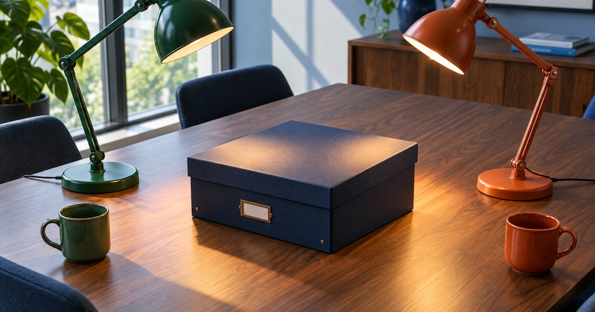 Mesa de reuniones de madera con una caja de archivo azul en el centro, iluminada a la vez por una lámpara verde y otra naranja, con una taza junto a cada lámpara.