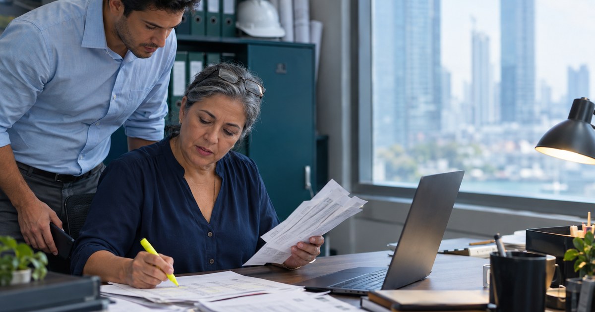 The administrator of an engineering firm marks a printed bank statement with a highlighter next to a stack of invoices, and an account manager leans in to check it with her.
