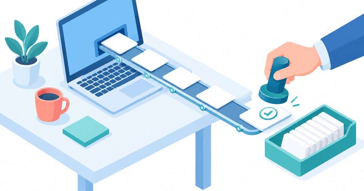 Illustration of a desk with a laptop sending blank cards toward a hand that holds an approval stamp.