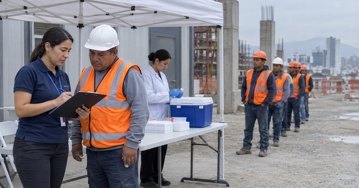 At a Lima construction site, a lab account executive coordinates occupational exams with the builder's safety chief while a technician prepares sample kits.