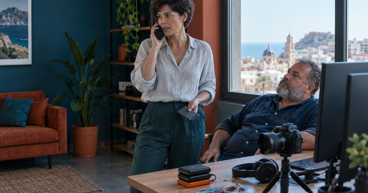 In an Alicante video studio, a producer on the phone tells a client whether the final package was sent, holding an external drive beside the editor.
