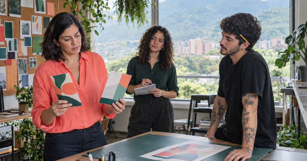 En un estudio de diseño de Medellín, la coordinadora de una clínica sostiene dos versiones del folleto mientras el diseñador y la jefa de proyecto esperan su decisión.