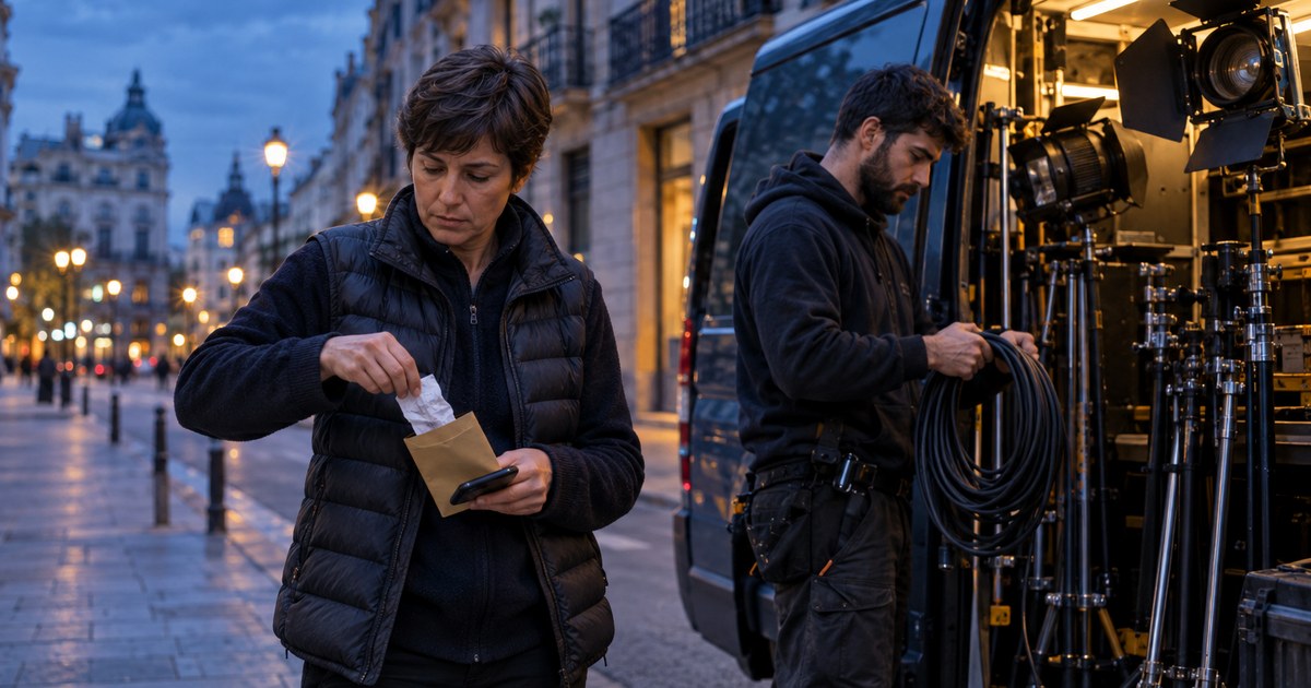 Al terminar un rodaje en una calle de Madrid, la coordinadora de producción guarda en un sobre un recibo arrugado mientras un eléctrico carga las luces en la furgoneta.