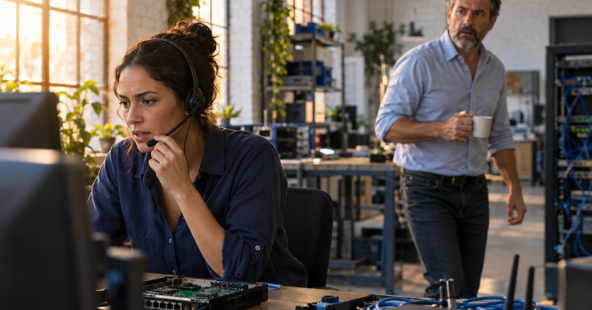 In a Málaga support firm's workshop, a technician handles an upset client while the account manager stops on hearing the client's name.