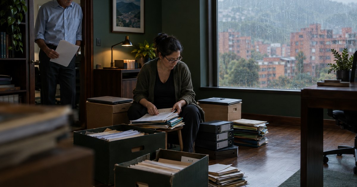In a Bogotá consultancy's records room, the administrator sorts old client files while the partner watches from the doorway holding two quotes.