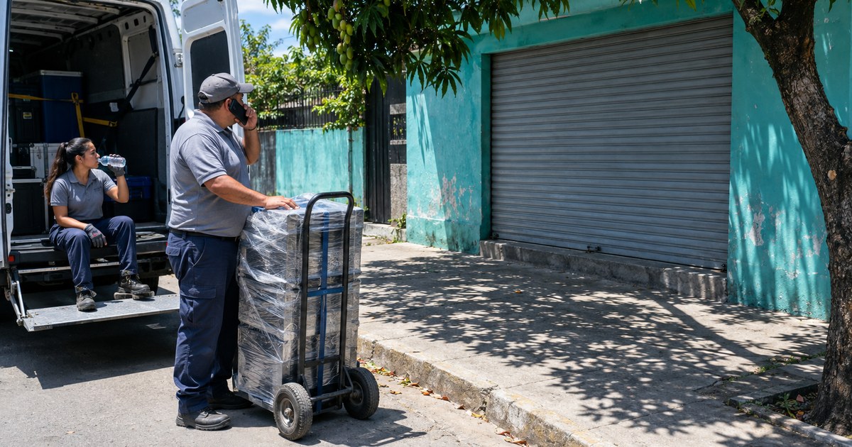 Outside a client's closed branch in Managua, a technician calls his coordinator beside the van and equipment while his colleague waits.