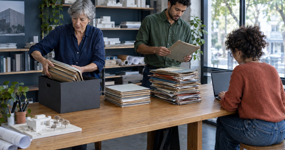 En un estudio de arquitectura, tres colegas separan carpetas viejas de clientes: una socia guarda un fajo en una caja de archivo, otro revisa una carpeta y una tercera trabaja en su laptop.