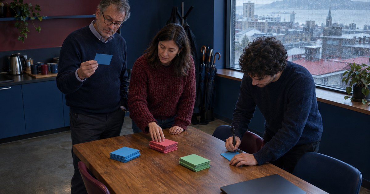 Una tarde de lluvia en Concepción, tres consultores clasifican tarjetas de colores en tres pilas para decidir qué datos llevar al CRM nuevo.