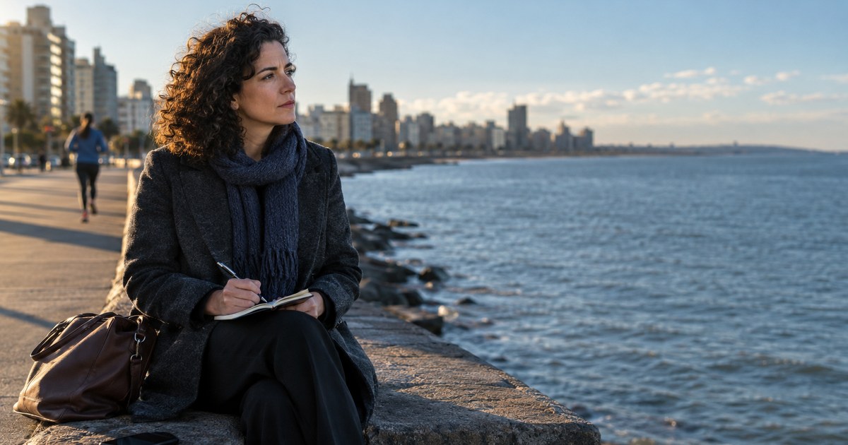 Sitting on Montevideo's Rambla after a client meeting, a consultant writes a private impression of the client in her notebook.