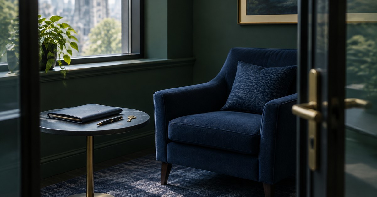 Private room in a services office seen through an open glass door, with a blue armchair and a small round side table holding a closed folder, a pen and a key.
