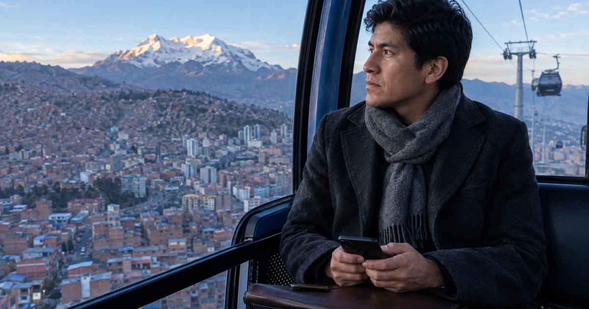 En una cabina del teleférico de La Paz, un consultor duda con el teléfono en la mano si escribir otra vez por una propuesta sin respuesta.