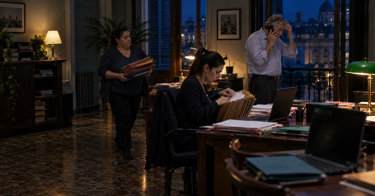 At a Buenos Aires accounting firm at night in tax season, an accountant phones a client for a missing bank statement while two colleagues sort folders.