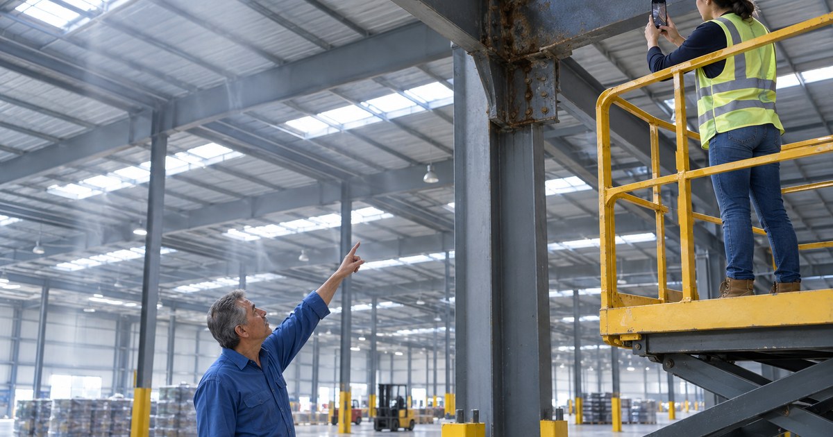 En una nave industrial de Querétaro, una ingeniera fotografía una viga corroída desde una plataforma mientras el jefe de mantenimiento le señala el hallazgo.